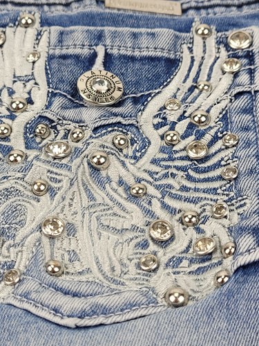 Platinum Plush Motorcycle & Wings Rhinestone Denim Boot Cut Blue Jeans Women's 9 - Picture 9 of 10