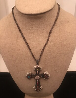 Vtg. BLV Rhinestone & Pearl Cross Necklace 18  
