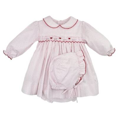 Petit Ami Red Dot Bow Smocked Dress Set with Bonnet Newborn