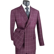 BIG  TALL Men's Burgundy Windowpane Double Breasted 6-Button Modern Suit NWT