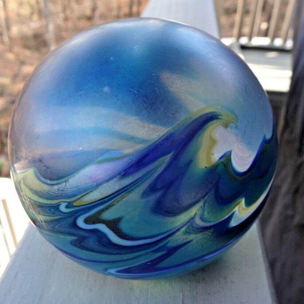 Signed Lundberg Studios Glass Blue Iridescent Open Sky & Waves Paperweight 1989