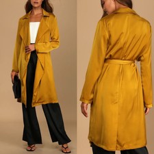 Lulus Duster Womens Xs Mustard Yellow Bring Chic Wrap Satin Trench New Tie Waist