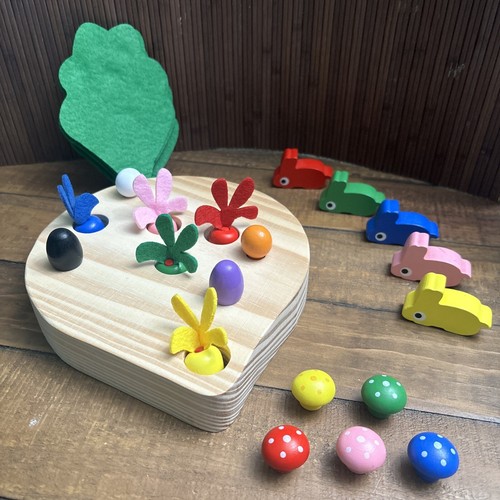 Large Wood Montessori Fine Motor Harvest Education Toy Rabbit, Mushrooms, Carrot