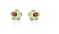 14k Yellow Gold Enamel Ladybug  Blue Flower Screw Back Stud Kid Earrings