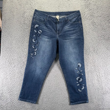 Faded Glory Jeans Womens 20W Blue Cotton Denim Tapered Faded Embroidered Stretch