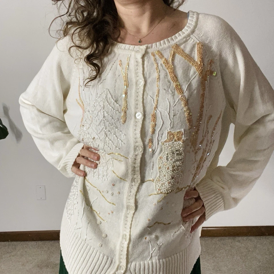 VINTAGE WISH FOR JOY 2XL Beaded Winter Christmas Cardigan Beige Y2K Cabincore - Image 3 of 4