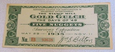 1935 San Diego Worlds Fair Exposition California Gold Gulch Stamp Mill Ticket 2