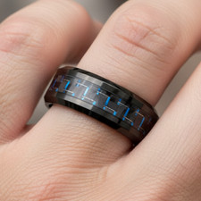 Men  s 8mm Black Tungsten Ring   Beveled Edge with Blue Carbon Fiber Inlay