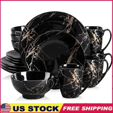 Black Plates and Bowls Sets for 4 Porcelain Dinnerware Sets 16 Piece Gold Splash