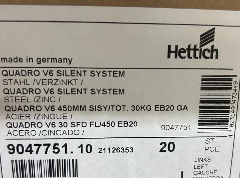 Guide Hettich Quadro V6 with Silent System, 450 mm, Right, EB20, 30KG, 20 pz - Immagine 2 di 2