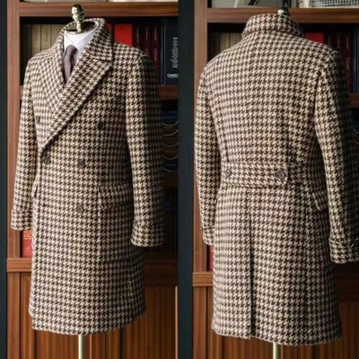 Houndstooth Men Long Overcoat Outdoor Double Breasted Business Casual Warm Wear