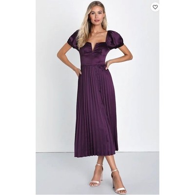 New! Lulus Flawless Forever Dark Purple Satin Pleated Midi Dress Sz Large#64
