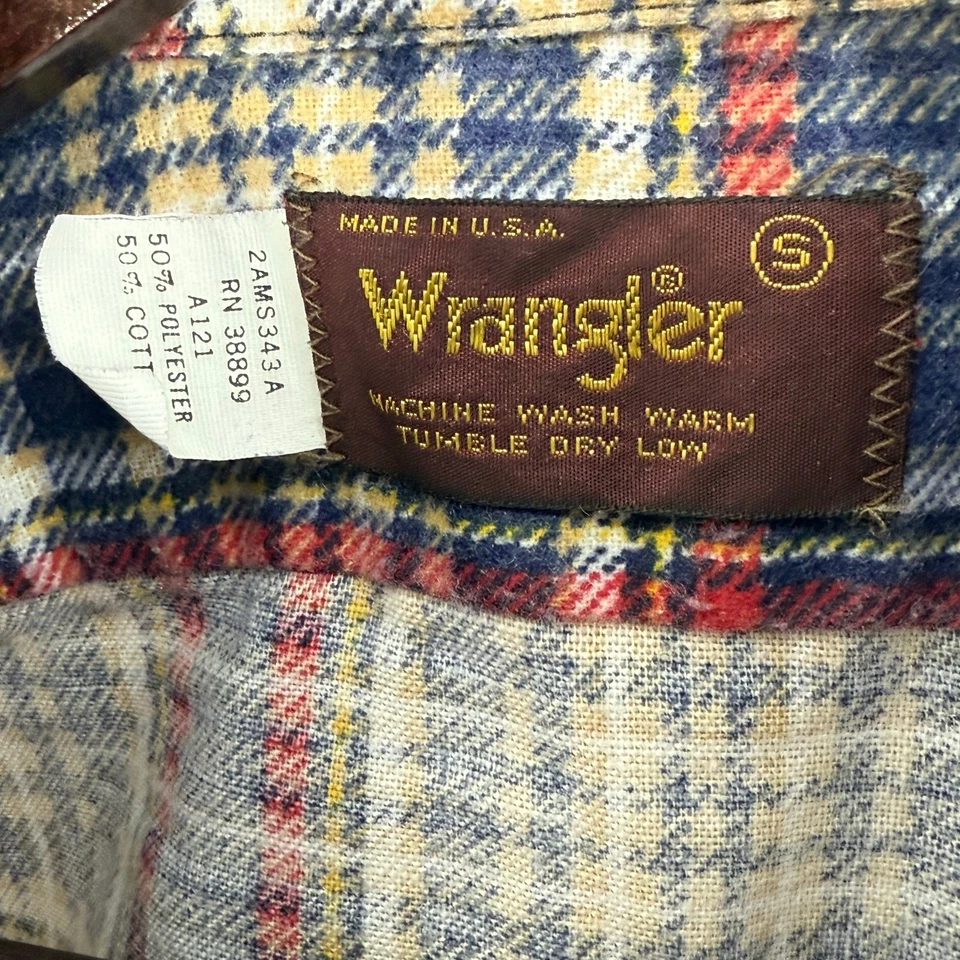 Camisa de franela Wrangler vintage años 70 pequeña azul rojo a cuadros Western Rodeo Foto 3 de 4