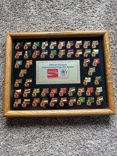 Coca-Cola 1984 Olympic International Flag Pin Series In Oak Frame (50 Pins)