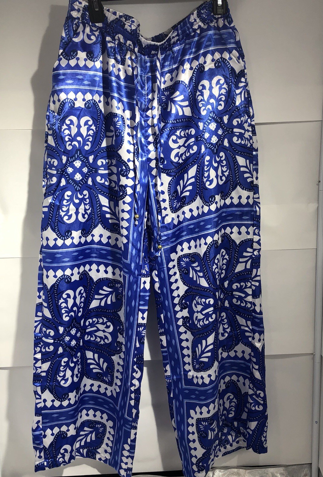 Alex & Parker Satin Wide Leg Pants Large floral blue elastic waist pockets women