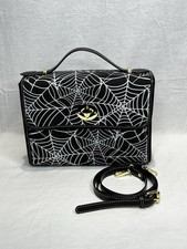 Black Spider Web Print Top Handle Satchel Bag with Detachable Strap  Gold Hard  