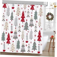Christmas Shower Curtain Xmas Tree Red Stars 72X72 Inch Red Green Gray White
