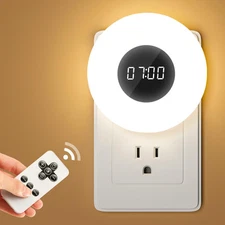 Kids' Nightlights with Clock & Remote, 3 Color Dimmable Plug-in 1 PCS, White 