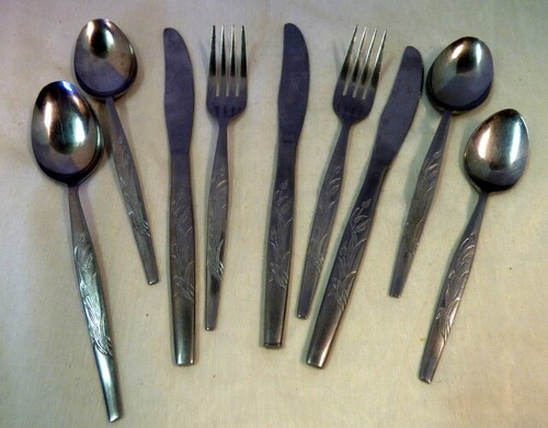 9 pcs Vintage Mid Century Modern Wheat Design Stainless Steel Flatware