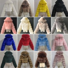 Womens High Quality Faux Fur Cropped Jacket Warm Hooded Fluffy Tops Coat Fashion