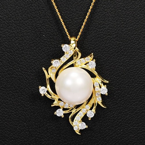925 STERLING SILVER AAA WHITE PEARL ROUND CABOCHON & CZ FLORAL PENDANT - Picture 5 of 8