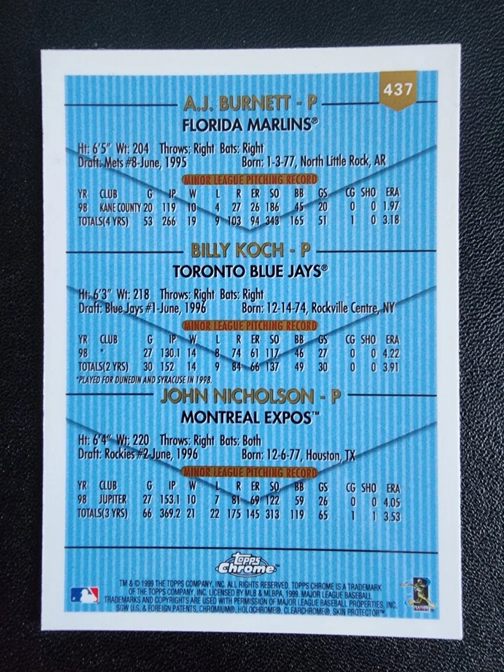 A.J. BURNETT 1999 BOWMAN CHROME PROSPECTS ROOKIE #437 FLORIDA MARLINS BASEBALL - Image 2 of 2