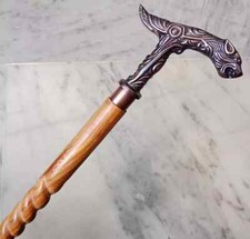Antique Style Dire Wolf Head Handle Cane Victorian Spiral Wooden Walking Stick