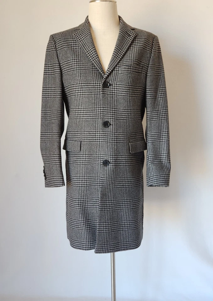 H&M Manteco Italian Wool Blend Hundstooth Check Long Coat Button Grey Men's 36R - Image 3 of 4