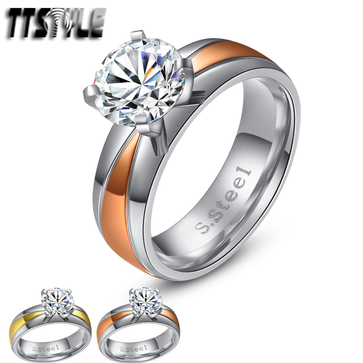 6x6mm Round CZ Black IP Stainless Steel Engagement 3 Ring Set – LA NY - Foto 2