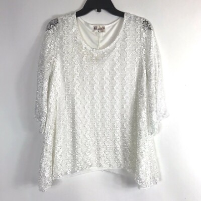 Lavish Women's Size Small White Lace Career Blouse Round Neck 3/4 Sleeve