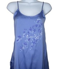 Vintage 70s Val Mode Knee Length Satin Slip Nightgown Blue Floral Womens Medium
