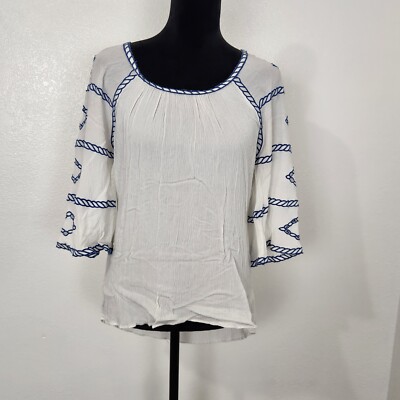 Cupio 3/4 Sleeve Scoop Neck White Sheer Pullover Blouse Top Shirt Size S