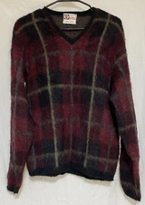 Revere Shag-Rac Mohair Blend Red Black Plaid Sweater V-neck Pullover - Medium