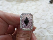 HANDMADE VINTAGE SUNRAY CRYSTAL FROSTED CAMPHOR GLASS RING STERLING SILVER