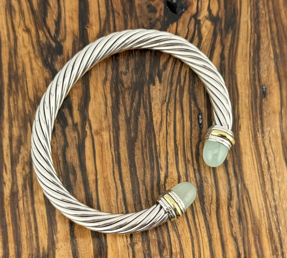 David Yurman pulseira de cabo 7 mm prata esterlina calcedônia e ouro 14k tamanho M - Imagem 2 de 4