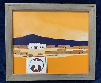 VTG Vern Roberts  Spirit Bird Village Southwestern 1975 Canvas Painting Signed