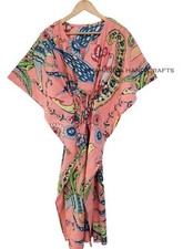 Cotton Loose Short Sleeves Peacock Print Peach Free Size Boho Caftan Maxi Dress