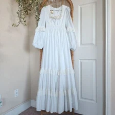 🌸Vintage GUNNE SAX Maxi Dress 70s White Cotton Lace Prairie Cottage Core