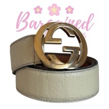 Authentic Gucci Cream Guccissima Leather Gold Interlocking G Buckle Belt 80/32