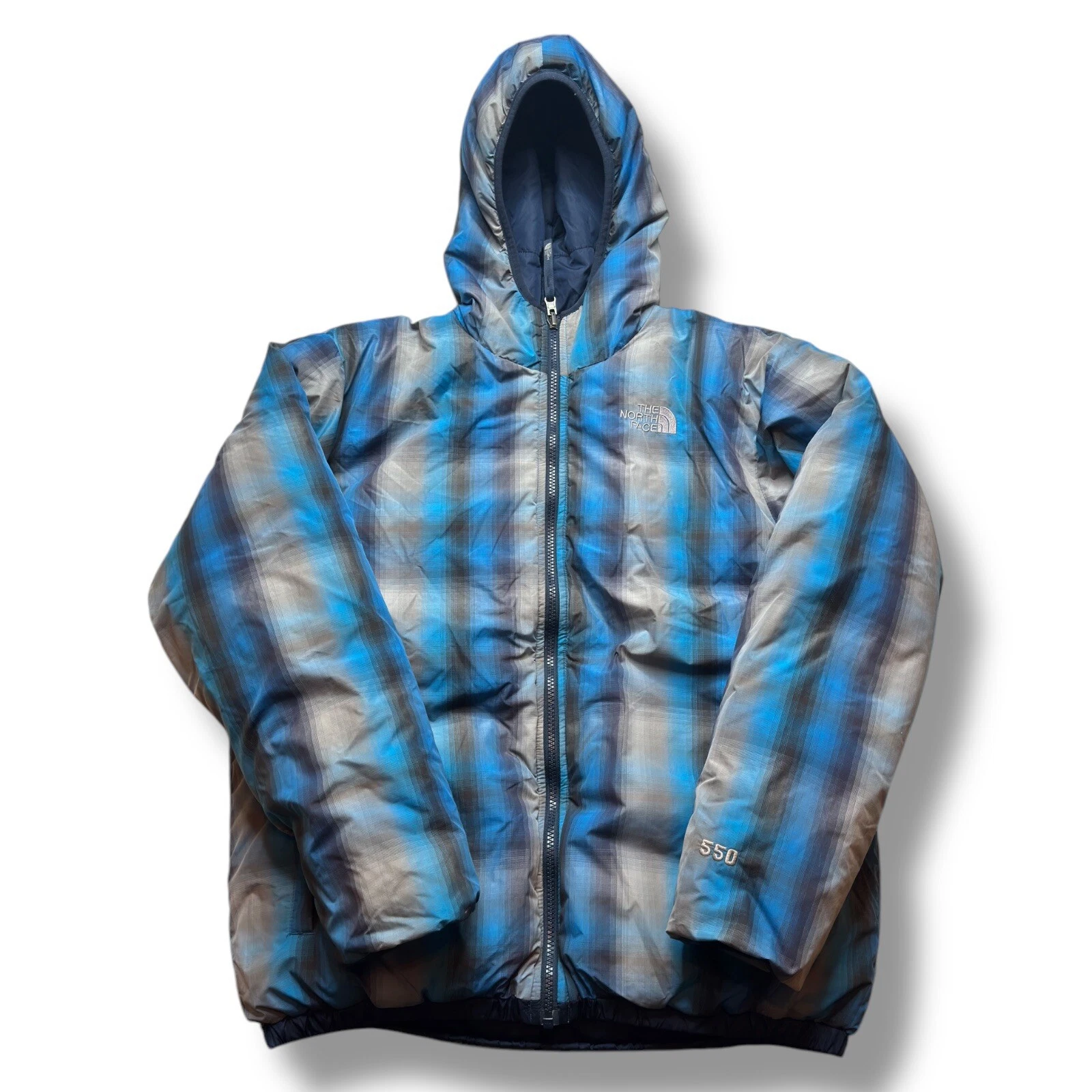 The North Face 550 Down Blue Plaid Reversible Youth Boys Hooded Full Zip Jacket