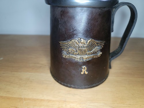 Vintage Leather Casing Real Hide With Ceramic Mug Brass Crest- made In England. - Picture 2 of 7