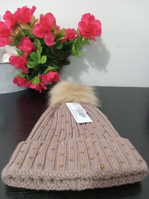 Fashion Nova Women's Brown Furry Top Beanie Hat With Brown Zirconia Stones 