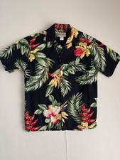 Mens Hawaiian Island M 100 cotton bold colored flowers leaves on black shirt