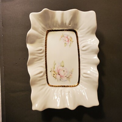 Vintage T Limoge Peint A La Main Ruffled Dish Floral Gem Gold Detail