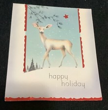 Tarjeta de felicitación navideña vintage ciervo en lámina roja nieve años 40