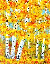 Golden Aspens Fall Landscape Autumn Woods  Print of Painting 10x8 Artwork Signed