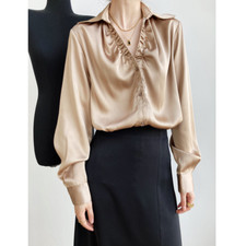 Lady Acetate Satin Shirt Blouses Tops Ruffles Faux Silk V-Neck Long Sleeve Basic