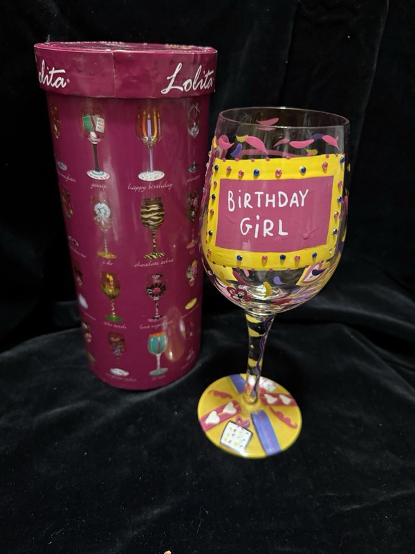 Lolita Birthday Girl 15 oz Wine Glass Hand Painted W. Box
