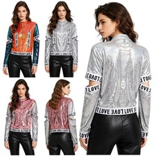 Women's Hip Hop Dance Glittery Jackets Front Zipper Baseball Jacket Outerwear