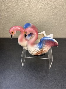 Vtg~Double Pink Flamingo~Ceramic Figurine~Planter/Trinket Dish~MCM
